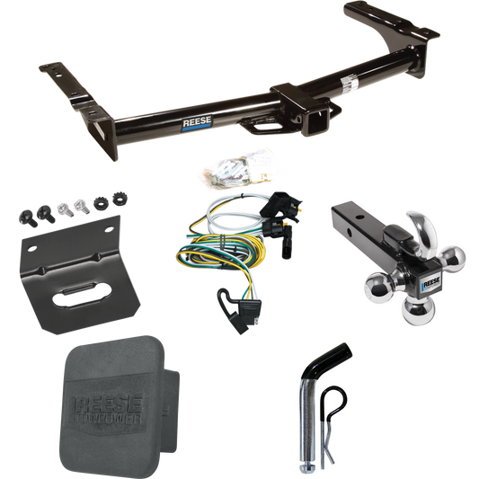 Fits 1995-2002 Ford E-150 Econoline Trailer Hitch Tow PKG w/ 4-Flat Wiring + Triple Ball Ball Mount 1-7/8" & 2" & 2-5/16" Trailer Balls w/ Tow Hook + Pin/Clip + Wiring Bracket + Hitch Cover By Reese Towpower