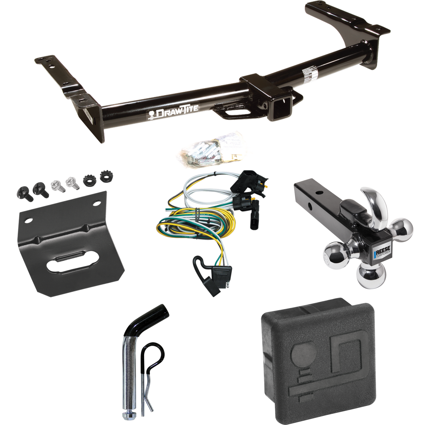 Fits 1995-2002 Ford E-350 Econoline Trailer Hitch Tow PKG w/ 4-Flat Wiring + Triple Ball Ball Mount 1-7/8" & 2" & 2-5/16" Trailer Balls w/ Tow Hook + Pin/Clip + Wiring Bracket + Hitch Cover By Draw-Tite