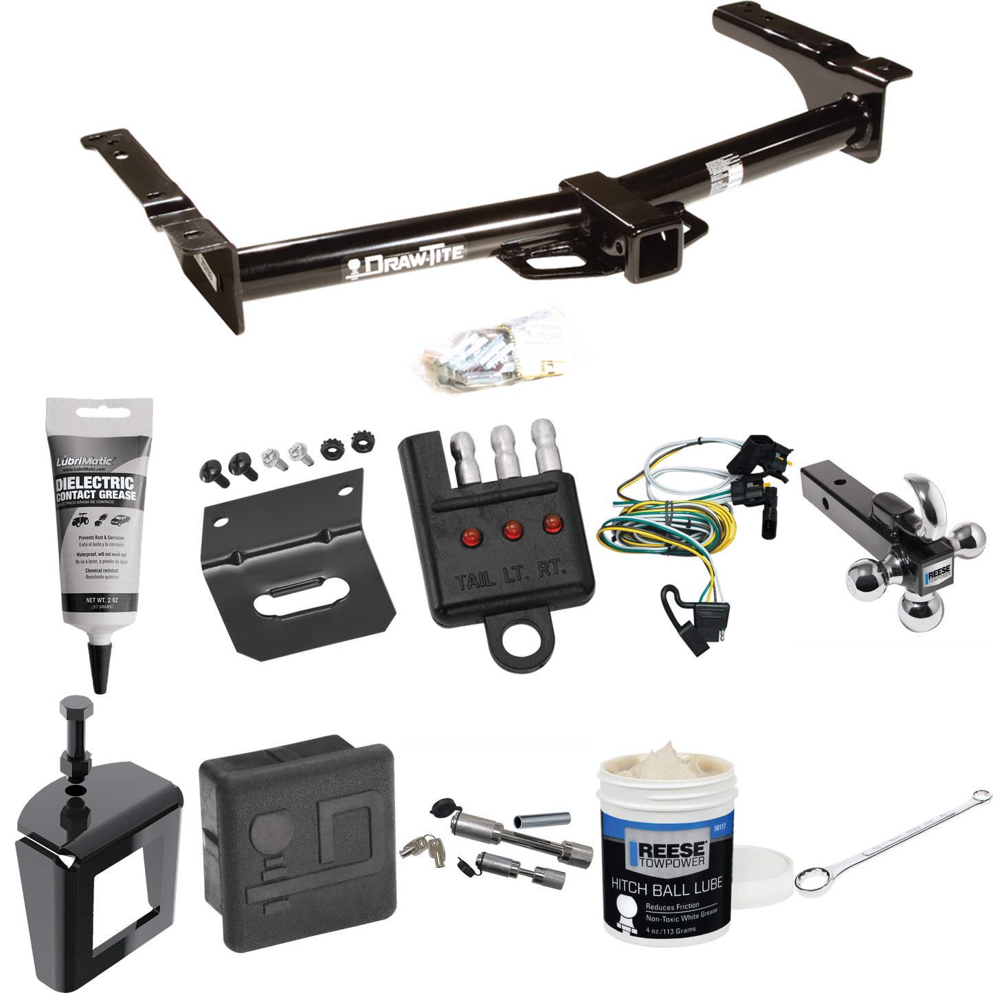 Fits 1995-2002 Ford E-150 Econoline Trailer Hitch Tow PKG w/ 4-Flat Wiring + Triple Ball Ball Mount 1-7/8" & 2" & 2-5/16" Trailer Balls w/ Tow Hook + Wiring Bracket + Hitch Cover + Dual Hitch & Coupler Locks + Wiring Tester + Ball Lube + Electric Gre