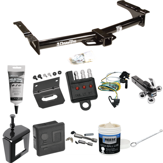 Fits 1995-2002 Ford E-150 Econoline Trailer Hitch Tow PKG w/ 4-Flat Wiring + Triple Ball Ball Mount 1-7/8" & 2" & 2-5/16" Trailer Balls w/ Tow Hook + Wiring Bracket + Hitch Cover + Dual Hitch & Coupler Locks + Wiring Tester + Ball Lube + Electric Gre