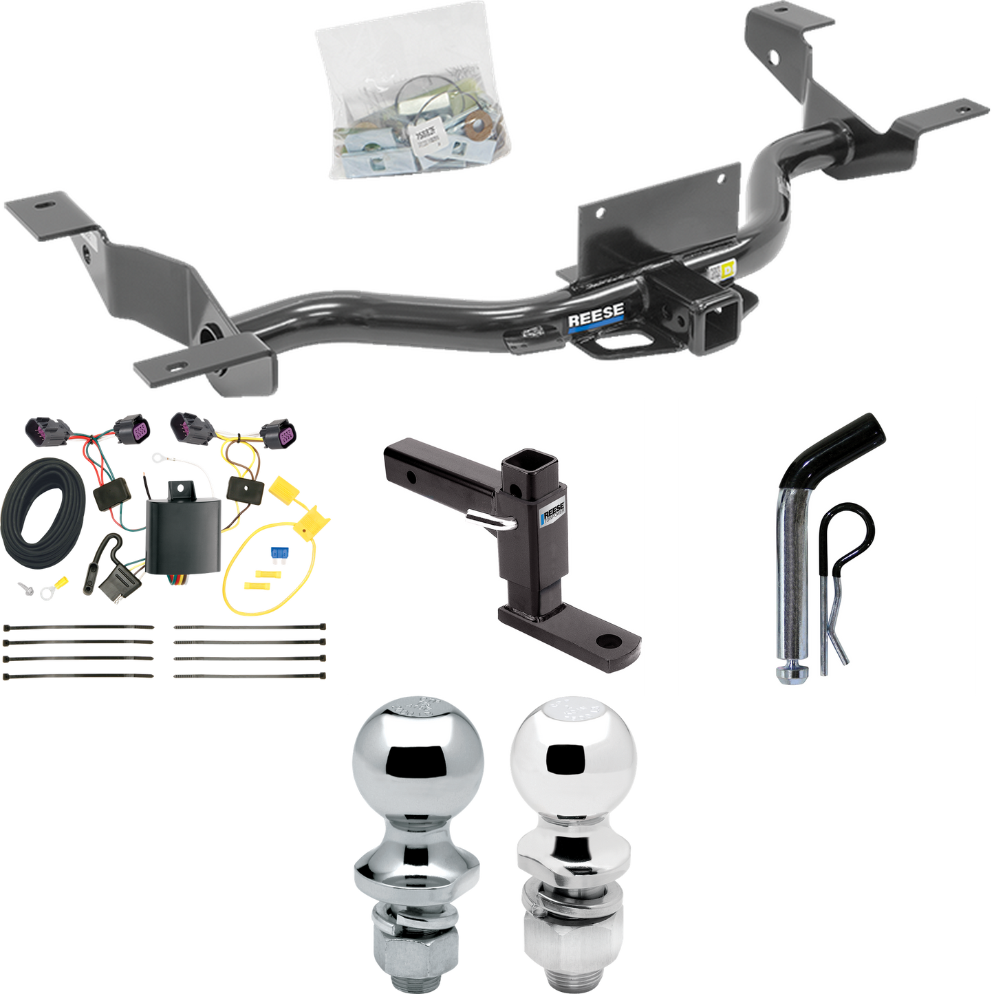 Fits 2014-2023 RAM ProMaster 2500 Trailer Hitch Tow PKG w/ 4-Flat Wiring + Adjustable Drop Rise Ball Mount + Pin/Clip + 2" Ball + 1-7/8" Ball (Excludes: w/Extended Body Models) By Reese Towpower