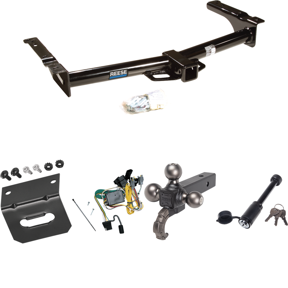 Fits 1992-1994 Ford E-150 Econoline Trailer Hitch Tow PKG w/ 4-Flat Wiring + Tactical Triple Ball Ball Mount 1-7/8" & 2" & 2-5/16" Balls & Tow Hook + Tactical Dogbone Lock + Wiring Bracket By Reese Towpower