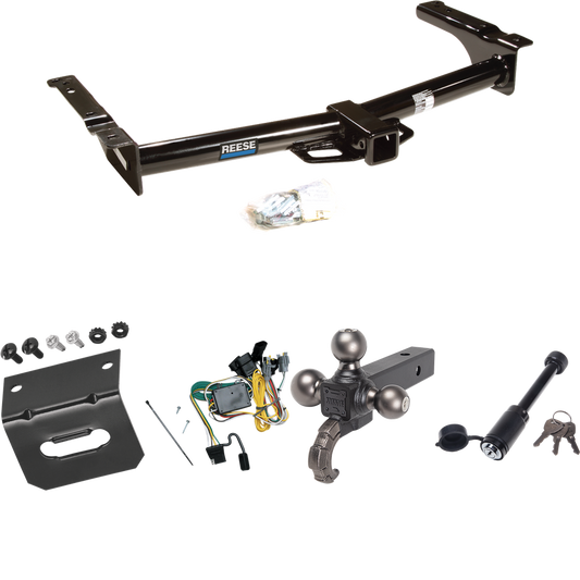 Fits 1992-1994 Ford E-150 Econoline Trailer Hitch Tow PKG w/ 4-Flat Wiring + Tactical Triple Ball Ball Mount 1-7/8" & 2" & 2-5/16" Balls & Tow Hook + Tactical Dogbone Lock + Wiring Bracket By Reese Towpower