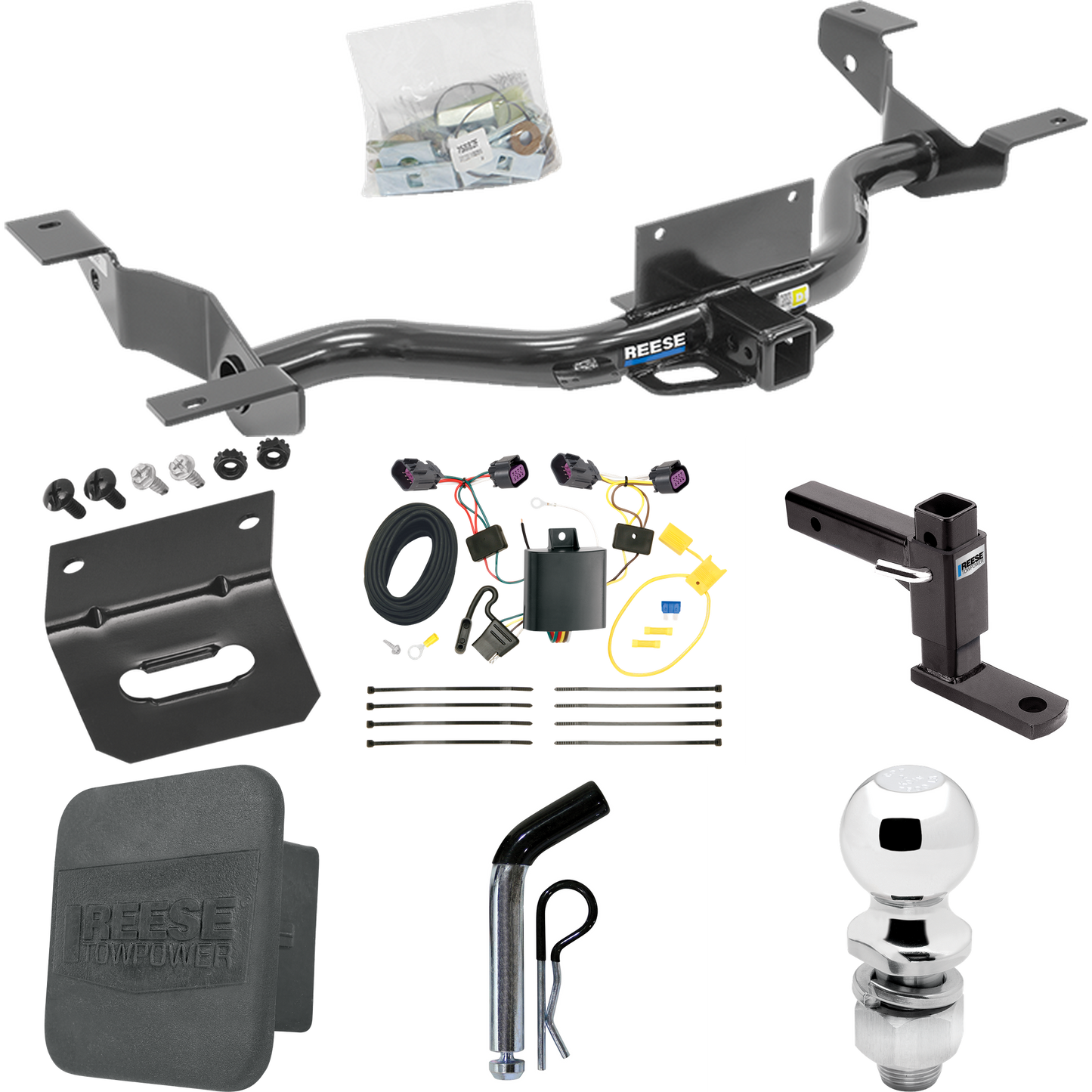 Fits 2014-2023 RAM ProMaster 3500 Trailer Hitch Tow PKG w/ 4-Flat Wiring + Adjustable Drop Rise Ball Mount + Pin/Clip + 2" Ball + Wiring Bracket + Hitch Cover (Excludes: w/Extended Body Models) By Reese Towpower