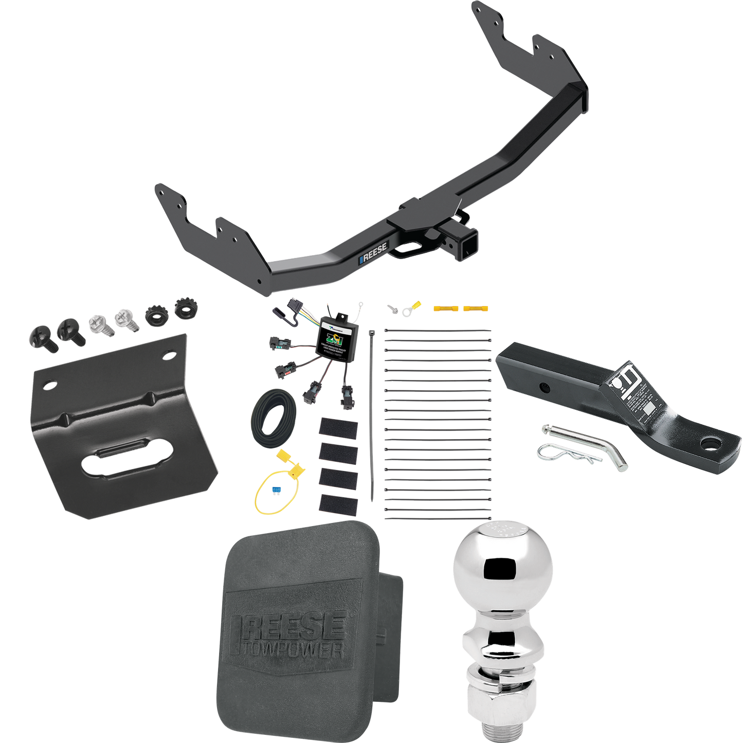 Se adapta al paquete de enganche de remolque Toyota Hilux 2016-2023 con cableado "sin empalme" de 4 contactos planos cero + soporte de bola con caída de 2" + bola de 2-5/16" + soporte de cableado + cubierta de enganche de Reese Towpower