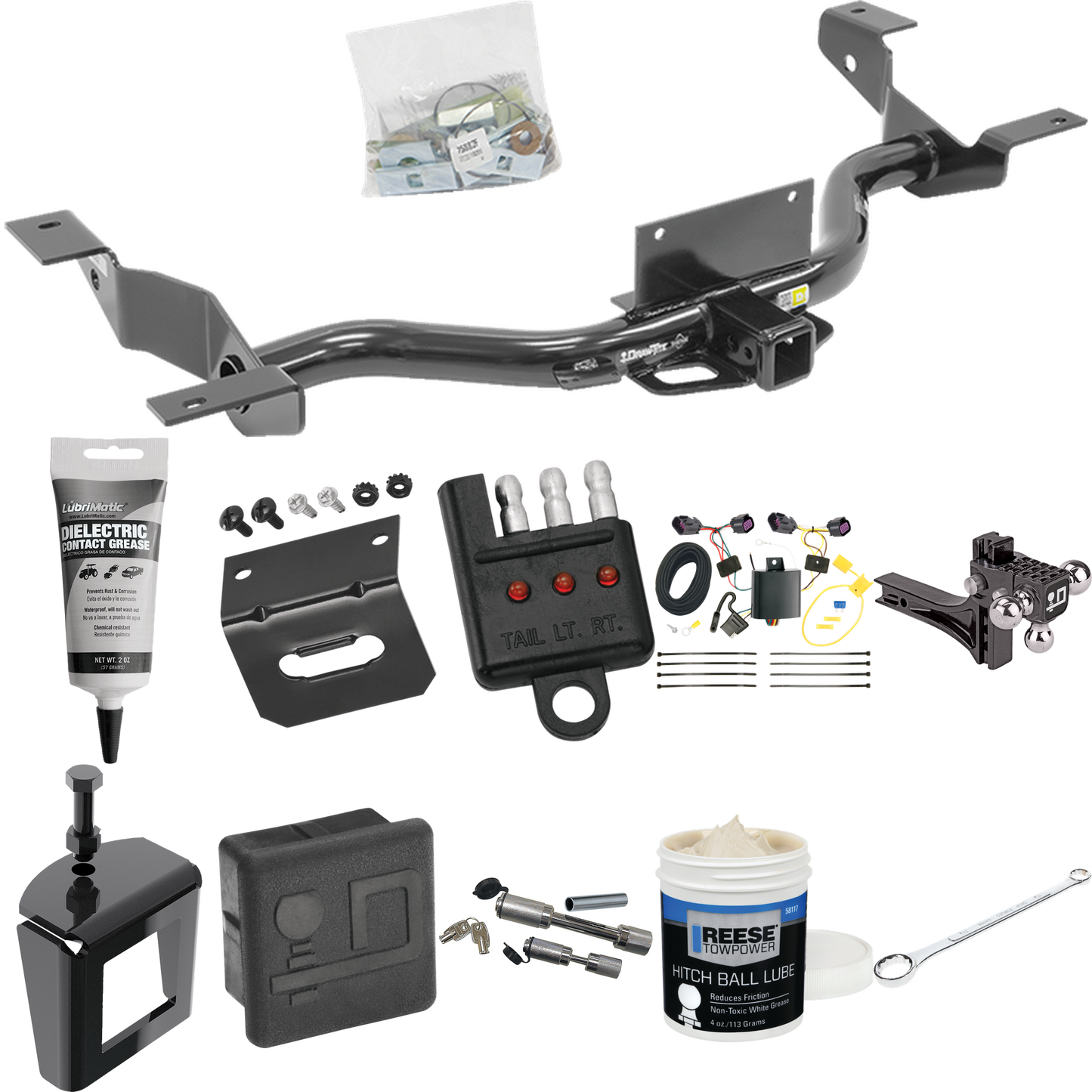 Fits 2014-2023 RAM ProMaster 3500 Trailer Hitch Tow PKG w/ 4-Flat Wiring + Adjustable Drop Rise Triple Ball Ball Mount 1-7/8" & 2" & 2-5/16" Trailer Balls + Wiring Bracket + Hitch Cover + Dual Hitch & Coupler Locks + Wiring Tester + Ball Lube + Elect