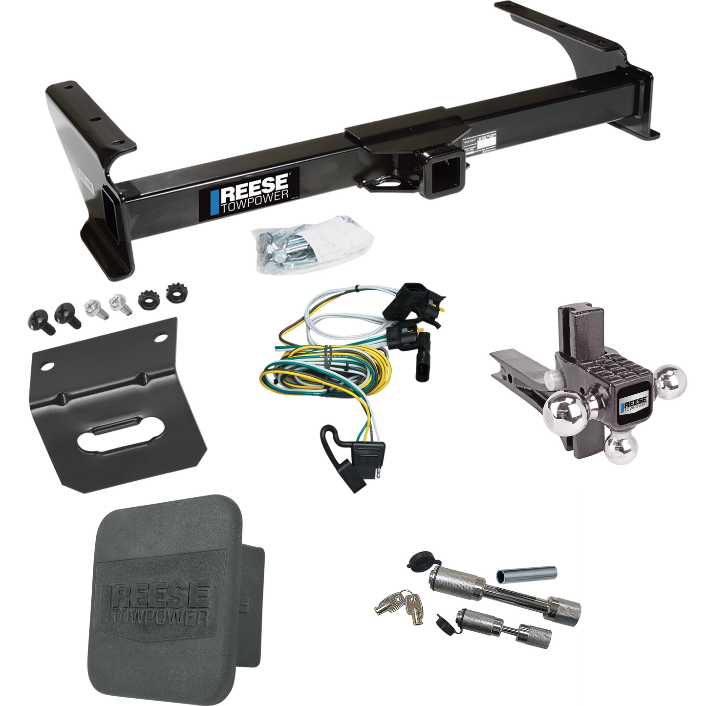 Fits 1995-2002 Ford E-150 Econoline Trailer Hitch Tow PKG w/ 4-Flat Wiring Harness + Adjustable Drop Rise Triple Ball Ball Mount 1-7/8" & 2" & 2-5/16" Trailer Balls + Dual Hitch & Coupler Locks + Hitch Cover + Wiring Bracket By Reese Towpower