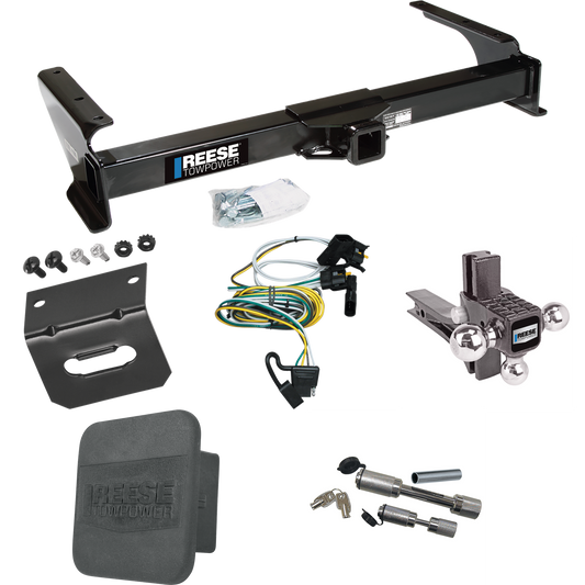 Fits 1995-2002 Ford E-150 Econoline Trailer Hitch Tow PKG w/ 4-Flat Wiring Harness + Adjustable Drop Rise Triple Ball Ball Mount 1-7/8" & 2" & 2-5/16" Trailer Balls + Dual Hitch & Coupler Locks + Hitch Cover + Wiring Bracket By Reese Towpower