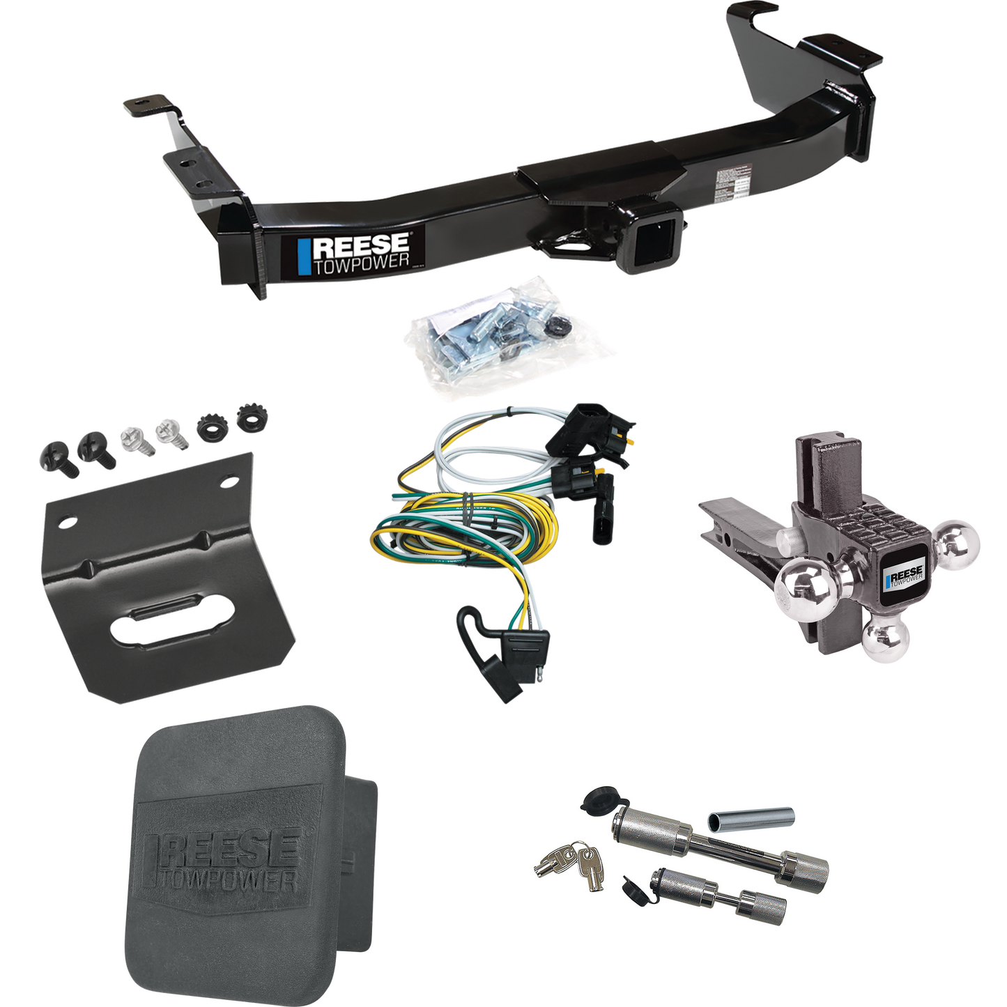 Fits 2000-2002 Ford E-350 Econoline Trailer Hitch Tow PKG w/ 4-Flat Wiring Harness + Adjustable Drop Rise Triple Ball Ball Mount 1-7/8" & 2" & 2-5/16" Trailer Balls + Dual Hitch & Coupler Locks + Hitch Cover + Wiring Bracket By Reese Towpower