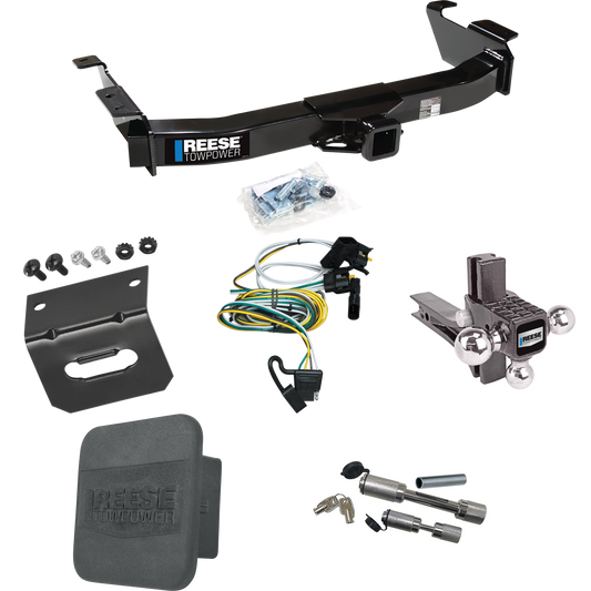 Fits 2000-2002 Ford E-350 Econoline Trailer Hitch Tow PKG w/ 4-Flat Wiring Harness + Adjustable Drop Rise Triple Ball Ball Mount 1-7/8" & 2" & 2-5/16" Trailer Balls + Dual Hitch & Coupler Locks + Hitch Cover + Wiring Bracket By Reese Towpower