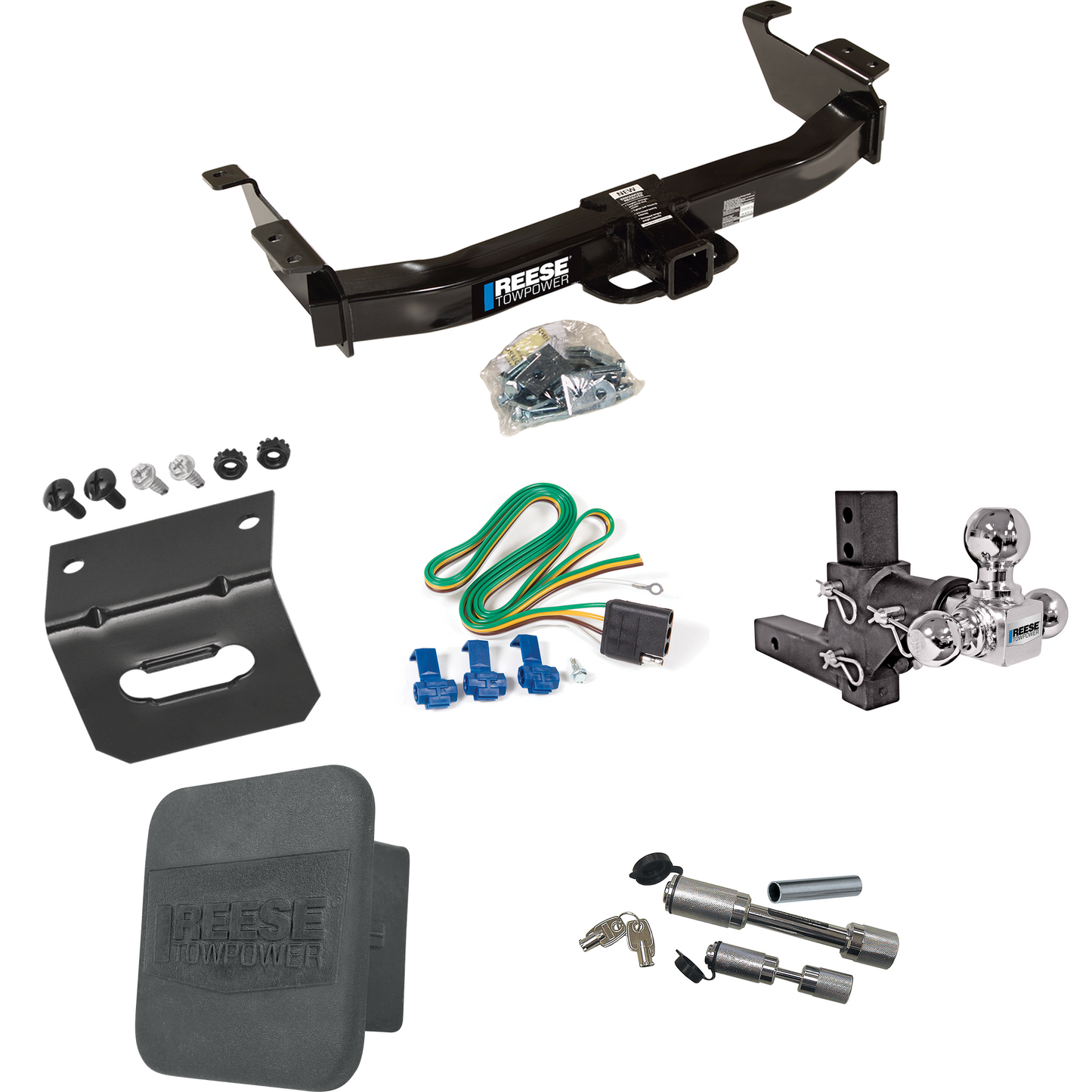 Fits 2003-2007 Ford E-350 Econoline Super Duty Trailer Hitch Tow PKG w/ 4-Flat Wiring Harness + Adjustable Drop Rise Triple Ball Ball Mount 1-7/8" & 2" & 2-5/16" Trailer Balls + Dual Hitch & Coupler Locks + Hitch Cover + Wiring Bracket By Reese Towpo