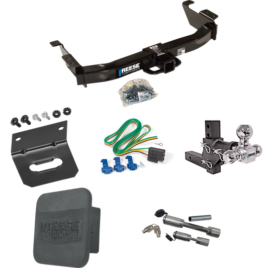 Fits 2003-2007 Ford E-350 Econoline Super Duty Trailer Hitch Tow PKG w/ 4-Flat Wiring Harness + Adjustable Drop Rise Triple Ball Ball Mount 1-7/8" & 2" & 2-5/16" Trailer Balls + Dual Hitch & Coupler Locks + Hitch Cover + Wiring Bracket By Reese Towpo