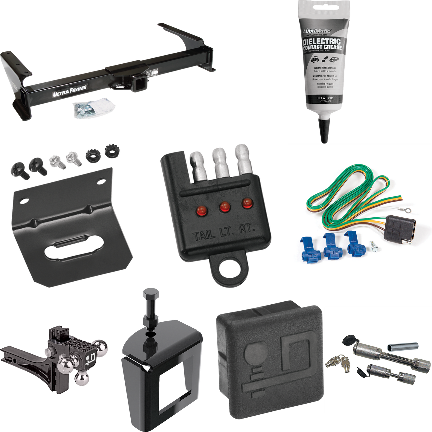 Fits 2003-2007 Ford E-150 Econoline Trailer Hitch Tow PKG w/ 4-Flat Wiring Harness + Adjustable Drop Rise Triple Ball Ball Mount 1-7/8" & 2" & 2-5/16" Trailer Balls + Dual Hitch & Coupler Locks + Hitch Cover + Wiring Bracket + Wiring Tester + Electri