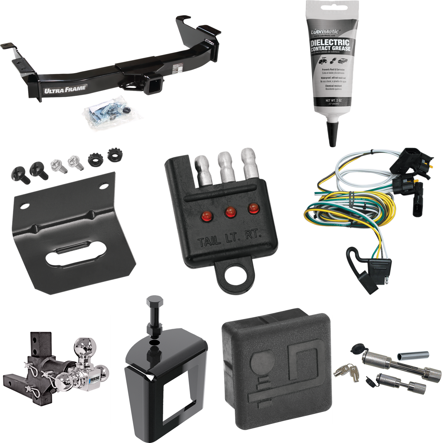 Fits 2000-2002 Ford E-250 Econoline Trailer Hitch Tow PKG w/ 4-Flat Wiring Harness + Adjustable Drop Rise Triple Ball Ball Mount 1-7/8" & 2" & 2-5/16" Trailer Balls + Dual Hitch & Coupler Locks + Hitch Cover + Wiring Bracket + Wiring Tester + Electri