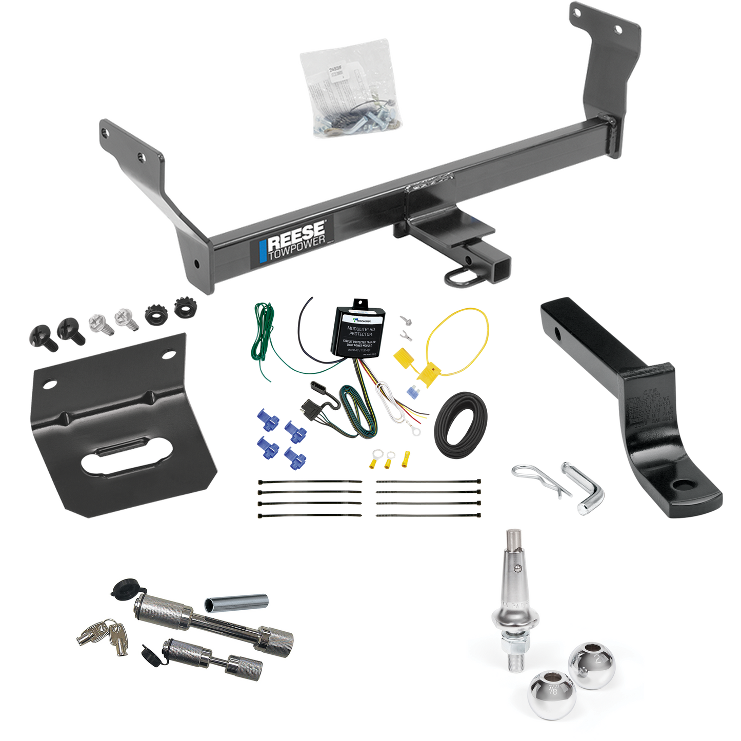 Fits 2014-2022 Infiniti Q50 Trailer Hitch Tow PKG w/ 4-Flat Wiring Harness + Draw-Bar + Interchangeable 1-7/8" & 2" Balls + Wiring Bracket + Dual Hitch & Coupler Locks By Reese Towpower