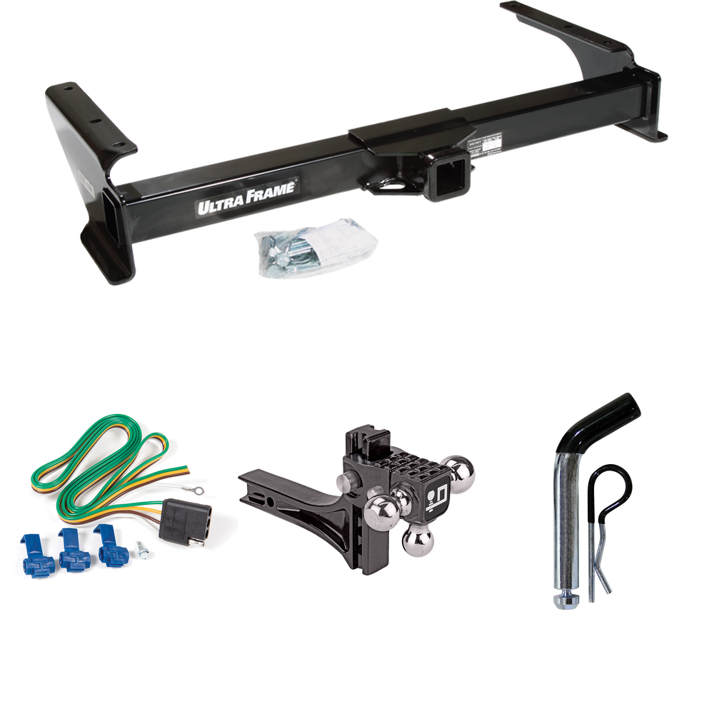 Fits 2003-2007 Ford E-350 Econoline Super Duty Trailer Hitch Tow PKG w/ 4-Flat Wiring Harness + Adjustable Drop Rise Triple Ball Ball Mount 1-7/8" & 2" & 2-5/16" Trailer Balls + Pin/Clip By Draw-Tite