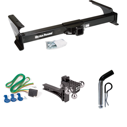 Fits 2003-2007 Ford E-350 Econoline Super Duty Trailer Hitch Tow PKG w/ 4-Flat Wiring Harness + Adjustable Drop Rise Triple Ball Ball Mount 1-7/8" & 2" & 2-5/16" Trailer Balls + Pin/Clip By Draw-Tite