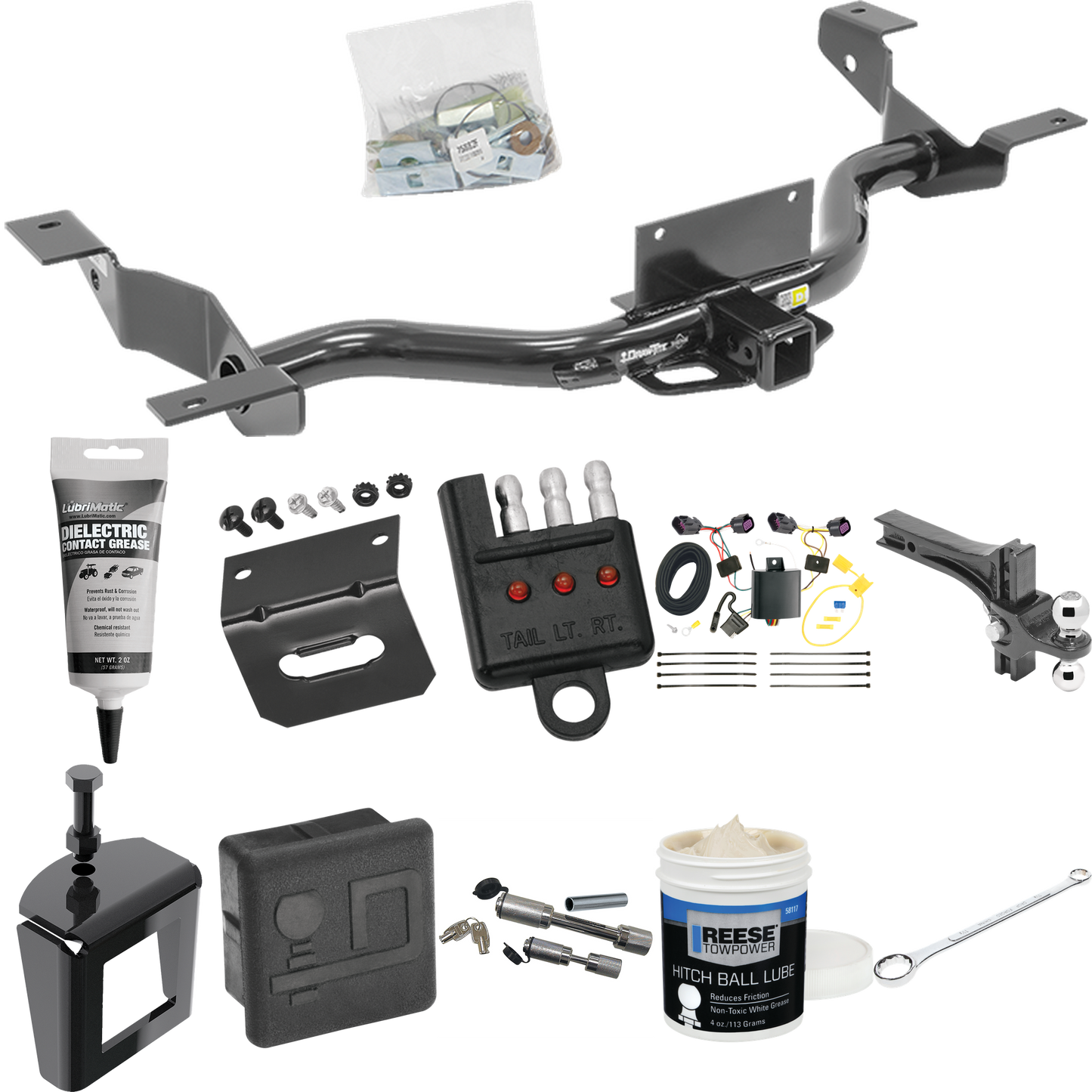 Fits 2014-2023 RAM ProMaster 2500 Trailer Hitch Tow PKG w/ 4-Flat Wiring + Dual Adjustable Drop Rise Ball Ball Mount 2" & 2-5/16" Trailer Balls + Wiring Bracket + Hitch Cover + Dual Hitch & Coupler Locks + Wiring Tester + Ball Lube + Electric Grease