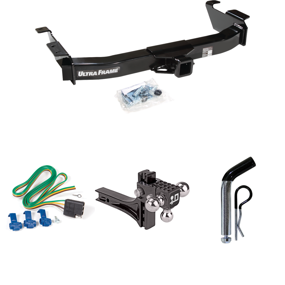 Fits 2003-2007 Ford E-250 Econoline Trailer Hitch Tow PKG w/ 4-Flat Wiring Harness + Adjustable Drop Rise Triple Ball Ball Mount 1-7/8" & 2" & 2-5/16" Trailer Balls + Pin/Clip By Draw-Tite