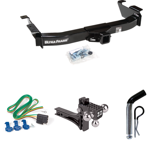 Fits 2003-2007 Ford E-250 Econoline Trailer Hitch Tow PKG w/ 4-Flat Wiring Harness + Adjustable Drop Rise Triple Ball Ball Mount 1-7/8" & 2" & 2-5/16" Trailer Balls + Pin/Clip By Draw-Tite