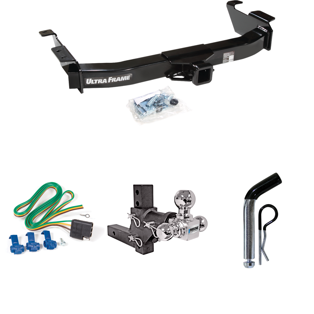 Fits 2003-2007 Ford E-150 Econoline Trailer Hitch Tow PKG w/ 4-Flat Wiring Harness + Adjustable Drop Rise Triple Ball Ball Mount 1-7/8" & 2" & 2-5/16" Trailer Balls + Pin/Clip By Draw-Tite