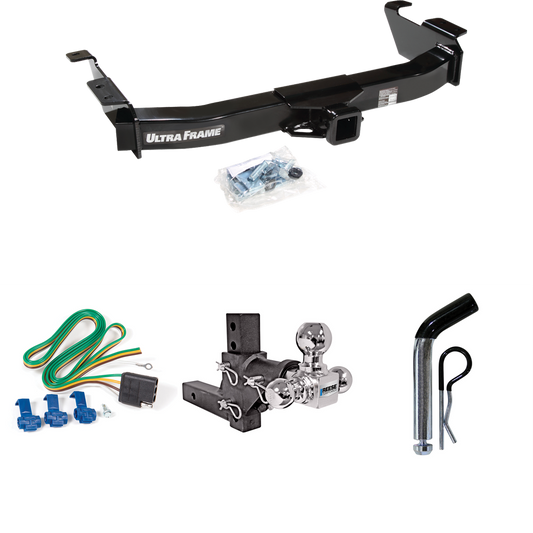 Fits 2003-2007 Ford E-150 Econoline Trailer Hitch Tow PKG w/ 4-Flat Wiring Harness + Adjustable Drop Rise Triple Ball Ball Mount 1-7/8" & 2" & 2-5/16" Trailer Balls + Pin/Clip By Draw-Tite