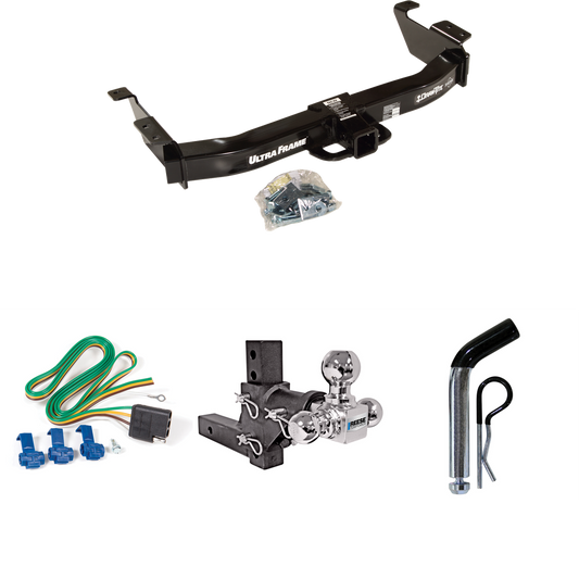 Fits 2003-2007 Ford E-350 Econoline Super Duty Trailer Hitch Tow PKG w/ 4-Flat Wiring Harness + Adjustable Drop Rise Triple Ball Ball Mount 1-7/8" & 2" & 2-5/16" Trailer Balls + Pin/Clip By Draw-Tite