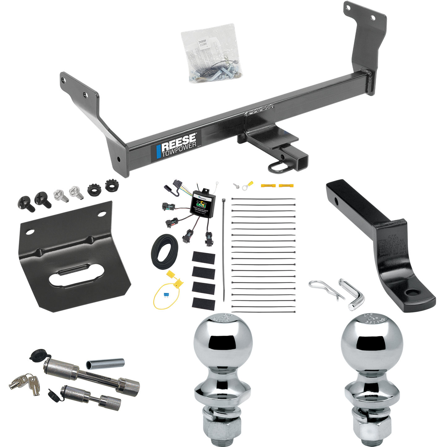 Fits 2014-2022 Infiniti Q50 Trailer Hitch Tow PKG w/ 4-Flat Zero Contact "No Splice" Wiring Harness + Draw-Bar + 1-7/8" + 2" Ball + Wiring Bracket + Dual Hitch & Coupler Locks By Reese Towpower