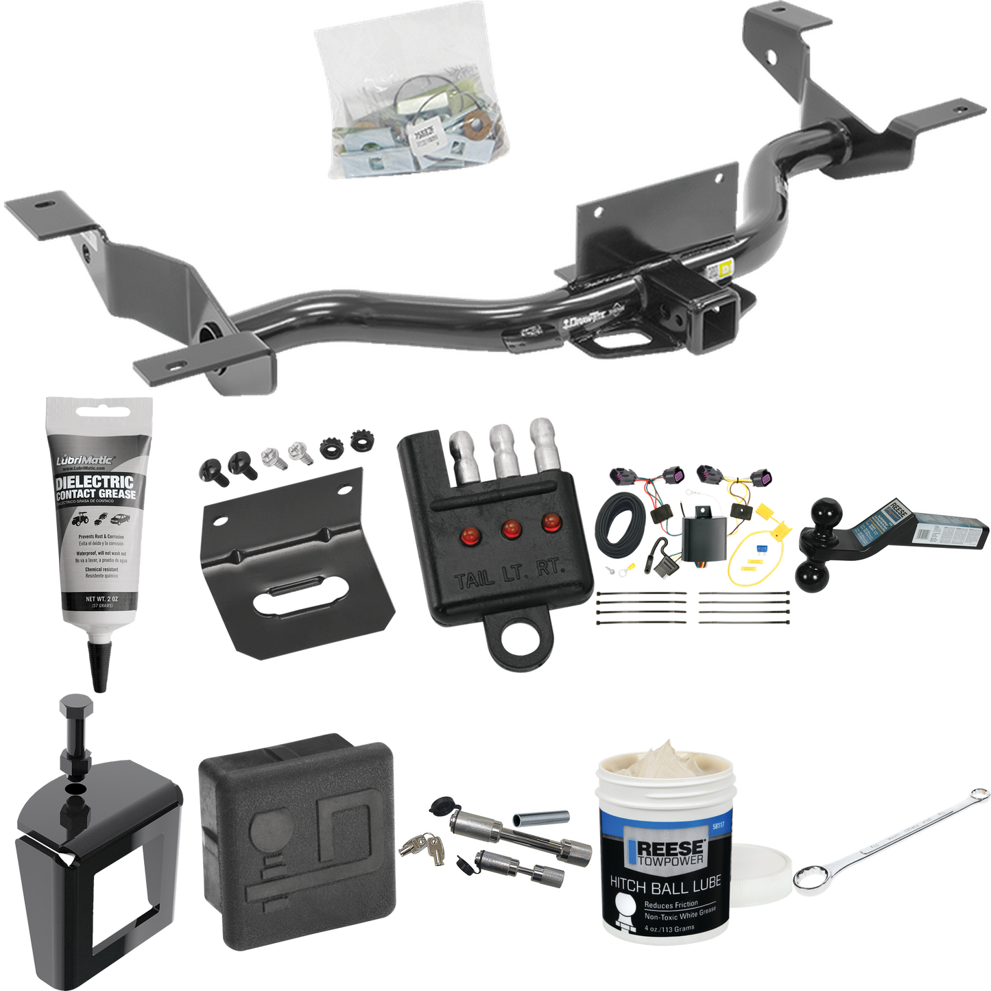 Fits 2014-2023 RAM ProMaster 1500 Trailer Hitch Tow PKG w/ 4-Flat Wiring + Dual Ball Ball Mount 2" & 2-5/16" Trailer Balls + Wiring Bracket + Hitch Cover + Dual Hitch & Coupler Locks + Wiring Tester + Ball Lube + Electric Grease + Ball Wrench + Anti