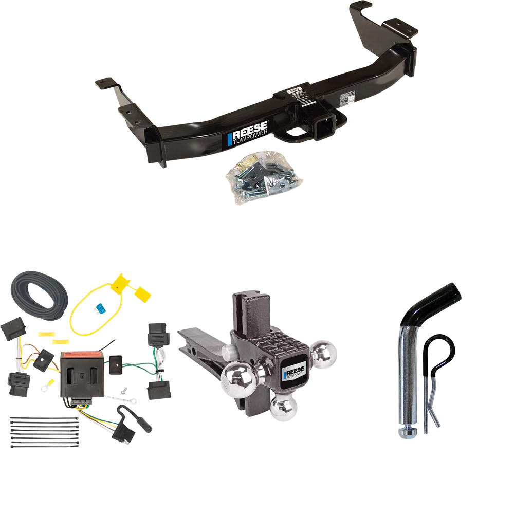 Fits 2008-2014 Ford E-150 Econoline Trailer Hitch Tow PKG w/ 4-Flat Wiring Harness + Adjustable Drop Rise Triple Ball Ball Mount 1-7/8" & 2" & 2-5/16" Trailer Balls + Pin/Clip By Reese Towpower