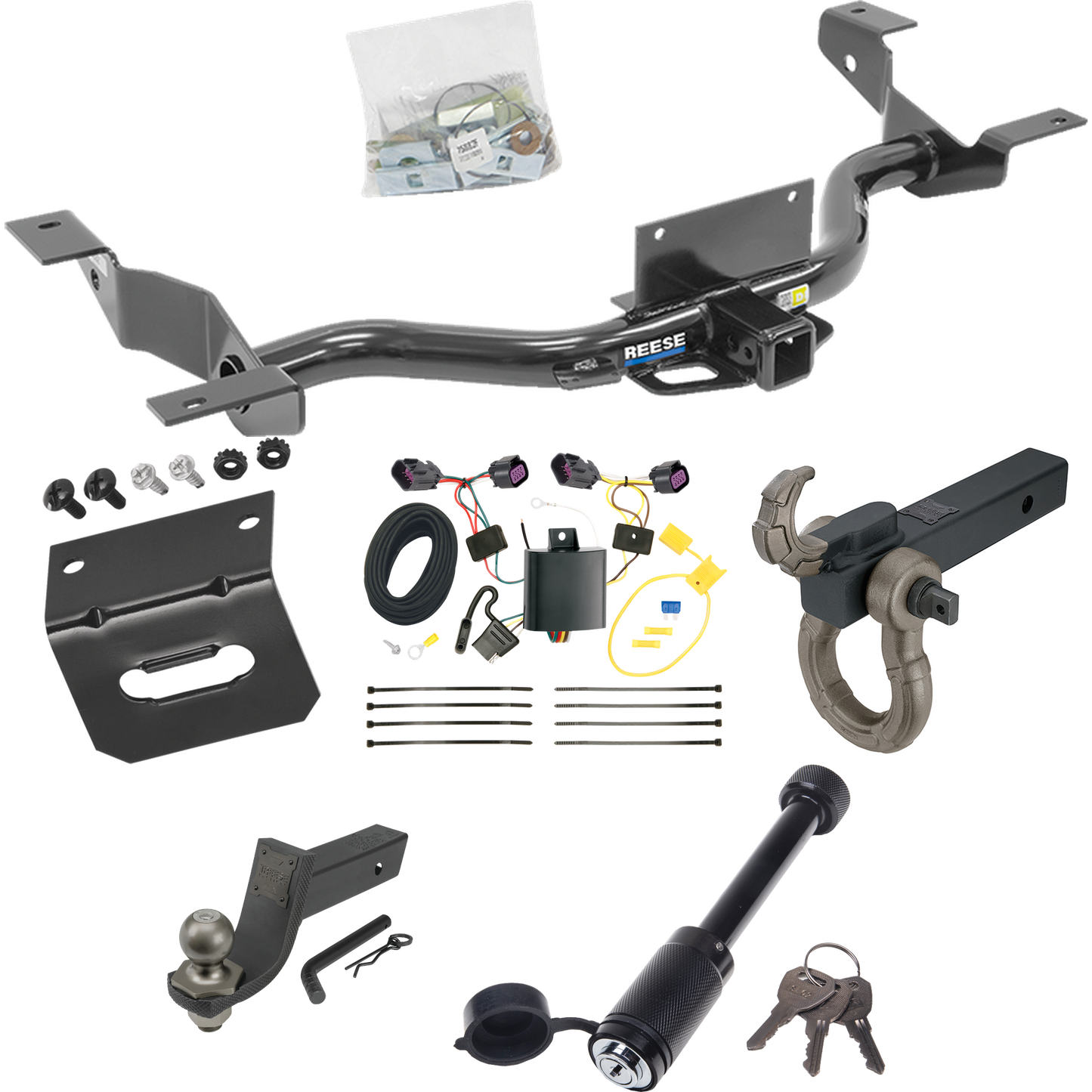 Fits 2014-2023 RAM ProMaster 2500 Trailer Hitch Tow PKG w/ 4-Flat Wiring + Interlock Tactical Starter Kit w/ 3-1/4" Drop & 2" Ball + Tactical Hook & Shackle Mount + Tactical Dogbone Lock + Wiring Bracket (Excludes: w/Extended Body Models) By Reese To