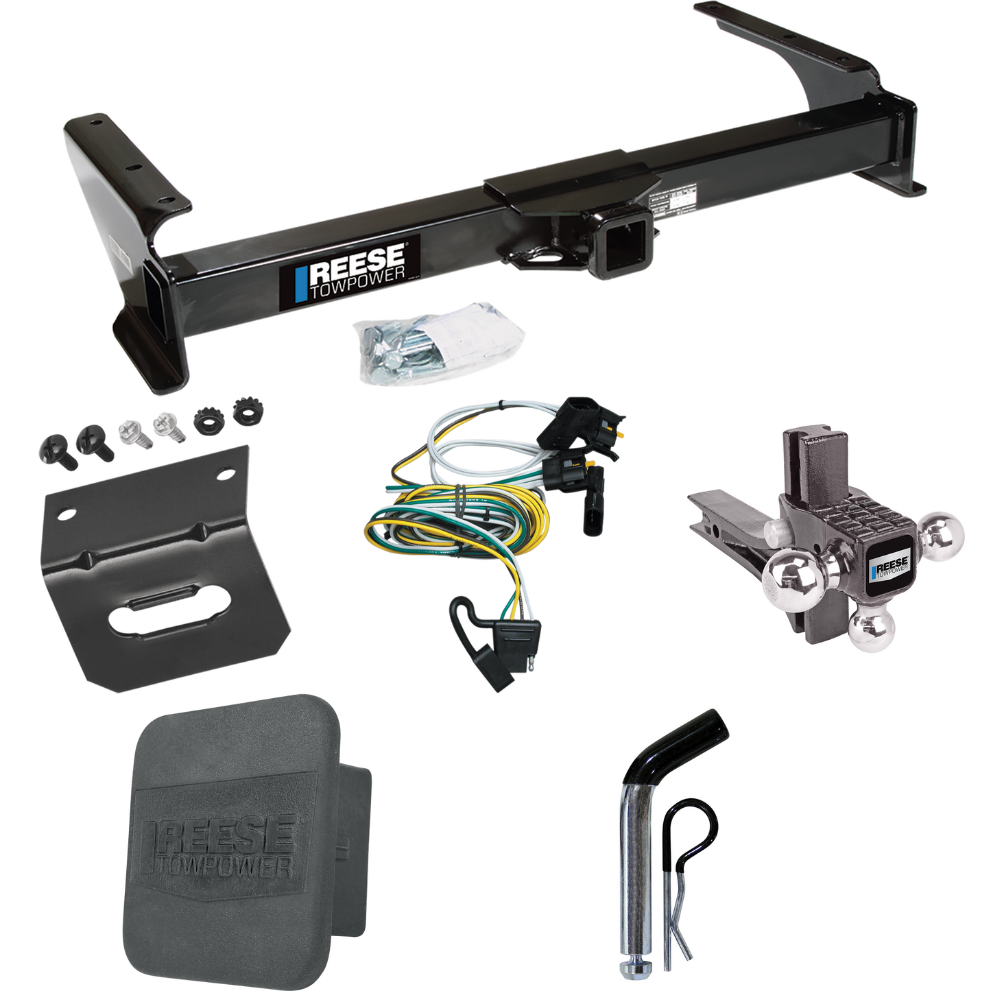 Fits 1995-2002 Ford E-350 Econoline Trailer Hitch Tow PKG w/ 4-Flat Wiring Harness + Adjustable Drop Rise Triple Ball Ball Mount 1-7/8" & 2" & 2-5/16" Trailer Balls + Pin/Clip + Hitch Cover + Wiring Bracket By Reese Towpower