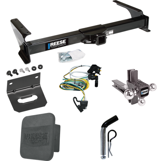 Fits 1995-2002 Ford E-350 Econoline Trailer Hitch Tow PKG w/ 4-Flat Wiring Harness + Adjustable Drop Rise Triple Ball Ball Mount 1-7/8" & 2" & 2-5/16" Trailer Balls + Pin/Clip + Hitch Cover + Wiring Bracket By Reese Towpower