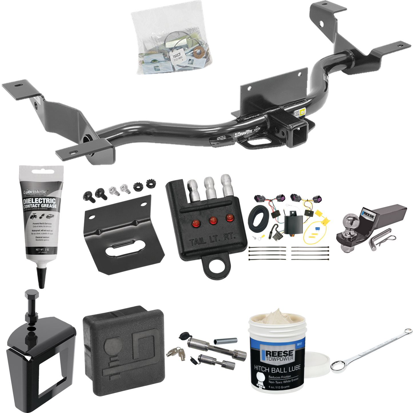 Fits 2014-2023 RAM ProMaster 3500 Trailer Hitch Tow PKG w/ 4-Flat Wiring + Starter Kit Ball Mount w/ 2" Drop & 2" Ball + Wiring Bracket + Hitch Cover + Dual Hitch & Coupler Locks + Wiring Tester + Ball Lube + Electric Grease + Ball Wrench + Anti Ratt