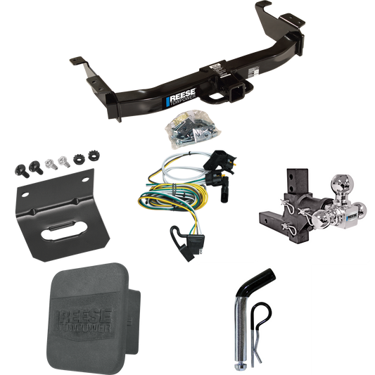 Fits 2000-2002 Ford E-150 Econoline Trailer Hitch Tow PKG w/ 4-Flat Wiring Harness + Adjustable Drop Rise Triple Ball Ball Mount 1-7/8" & 2" & 2-5/16" Trailer Balls + Pin/Clip + Hitch Cover + Wiring Bracket By Reese Towpower
