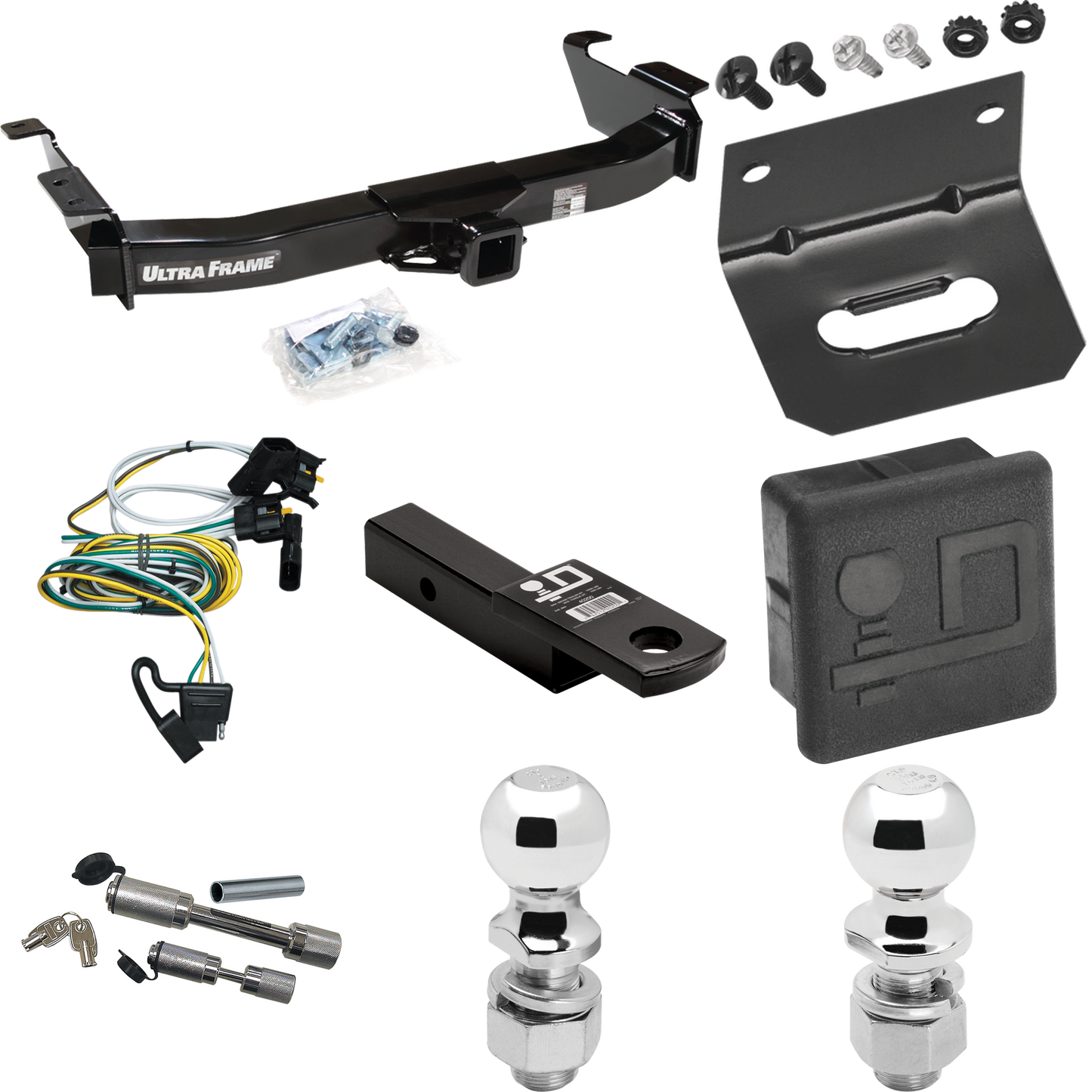 Fits 2000-2002 Ford E-350 Econoline Trailer Hitch Tow PKG w/ 4-Flat Wiring Harness + Ball Mount w/ 2" Drop + Dual Hitch & Coupler Locks + 2" Ball + 2-5/16" Ball + Hitch Cover + Wiring Bracket By Draw-Tite