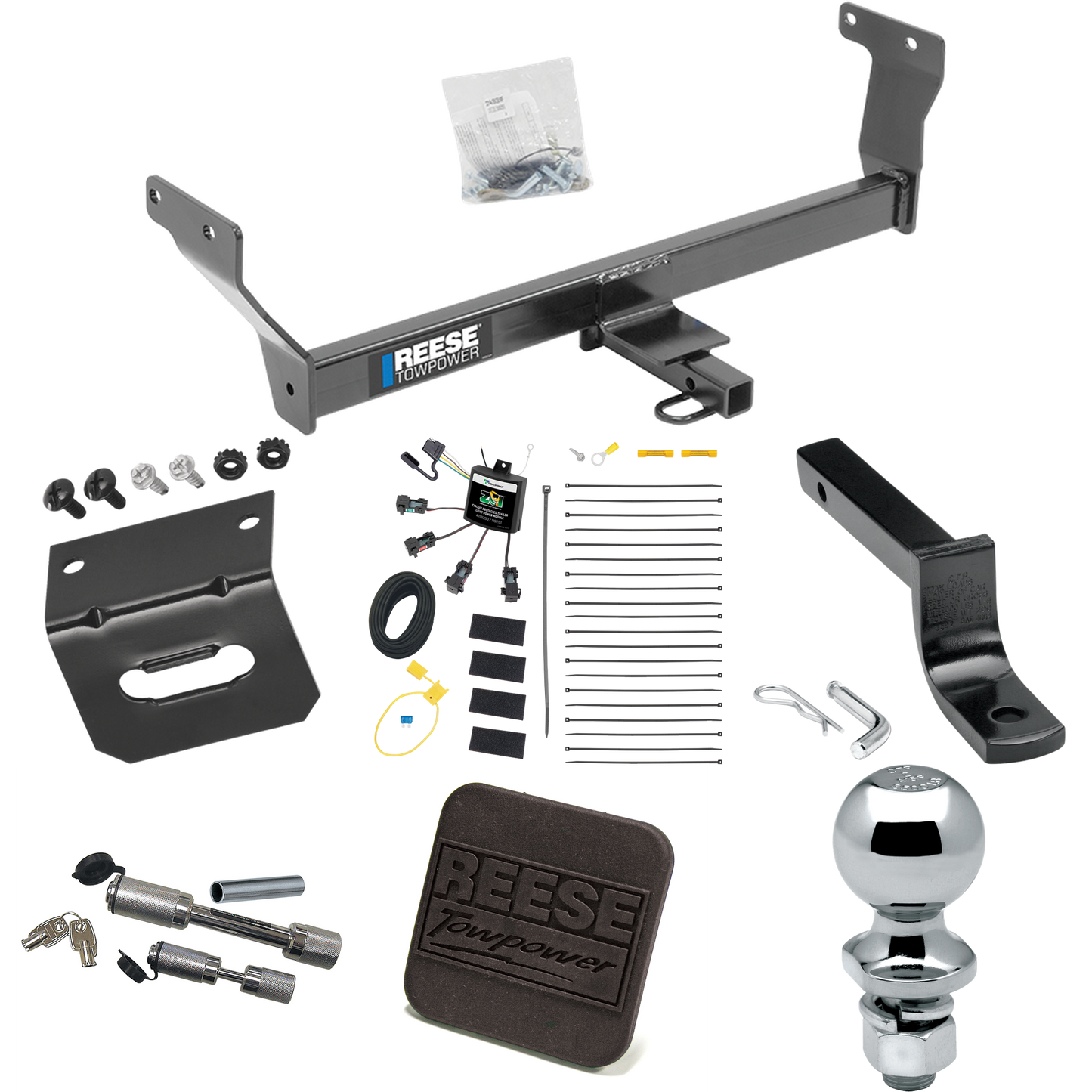 Fits 2014-2022 Infiniti Q50 Trailer Hitch Tow PKG w/ 4-Flat Zero Contact "No Splice" Wiring Harness + Draw-Bar + 2" Ball + Wiring Bracket + Hitch Cover + Dual Hitch & Coupler Locks By Reese Towpower