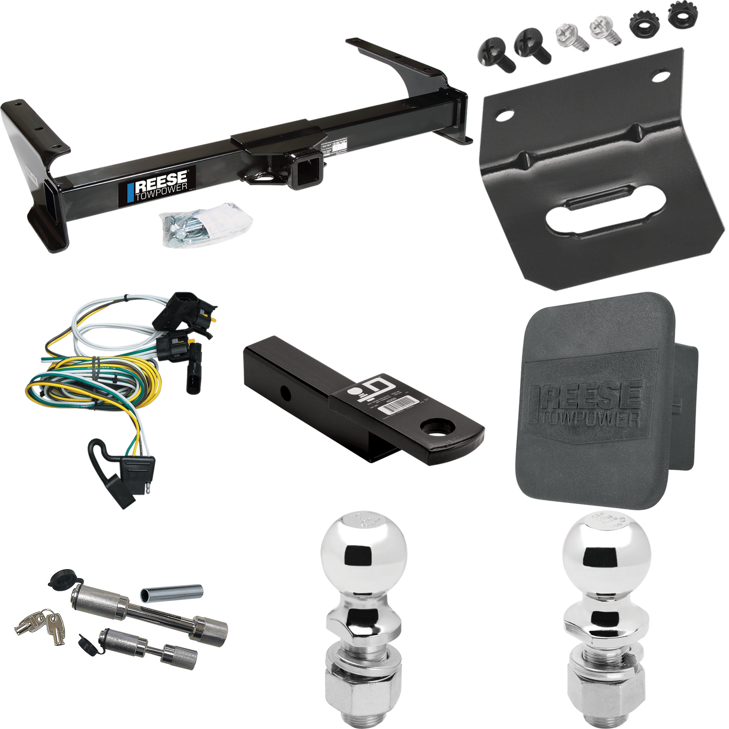 Fits 1995-2002 Ford E-350 Econoline Trailer Hitch Tow PKG w/ 4-Flat Wiring Harness + Ball Mount w/ 2" Drop + Dual Hitch & Coupler Locks + 2" Ball + 2-5/16" Ball + Hitch Cover + Wiring Bracket By Reese Towpower