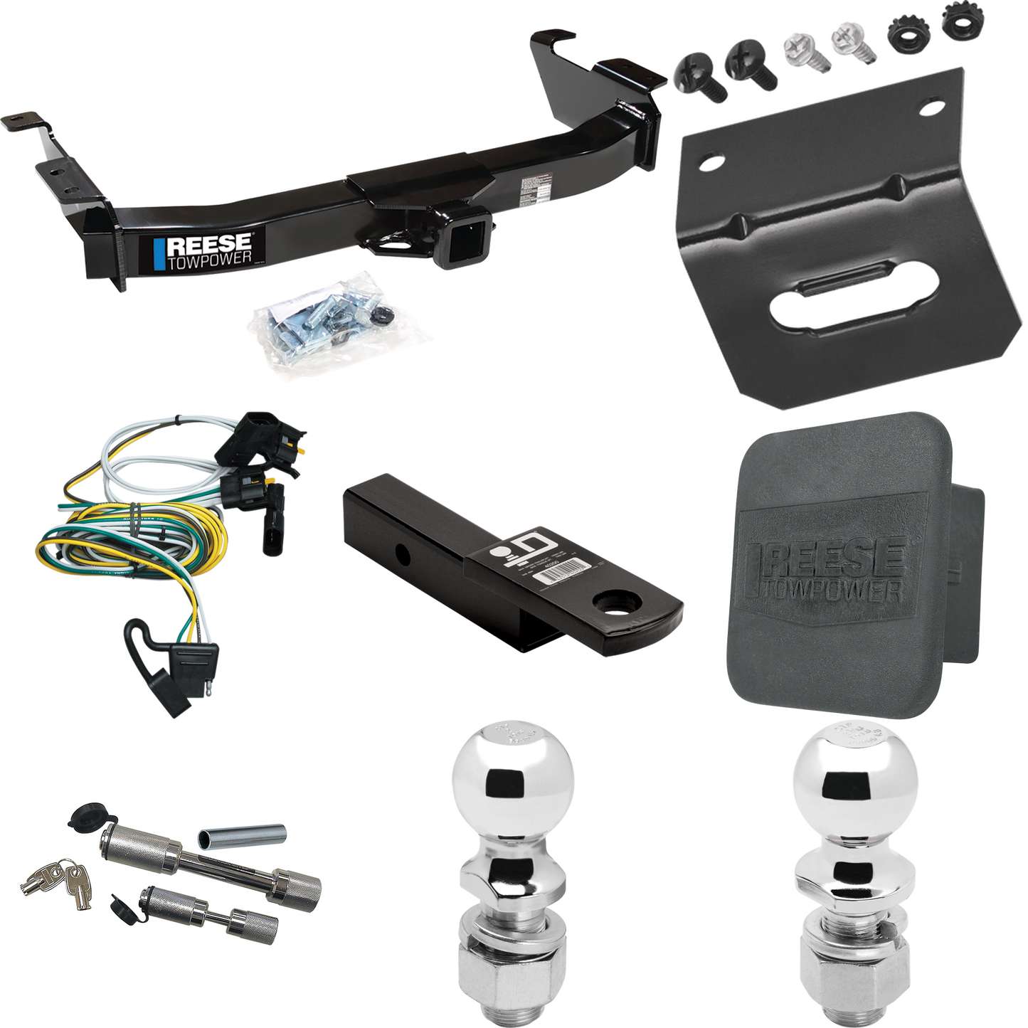 Fits 2000-2002 Ford E-150 Econoline Trailer Hitch Tow PKG w/ 4-Flat Wiring Harness + Ball Mount w/ 2" Drop + Dual Hitch & Coupler Locks + 2" Ball + 2-5/16" Ball + Hitch Cover + Wiring Bracket By Reese Towpower