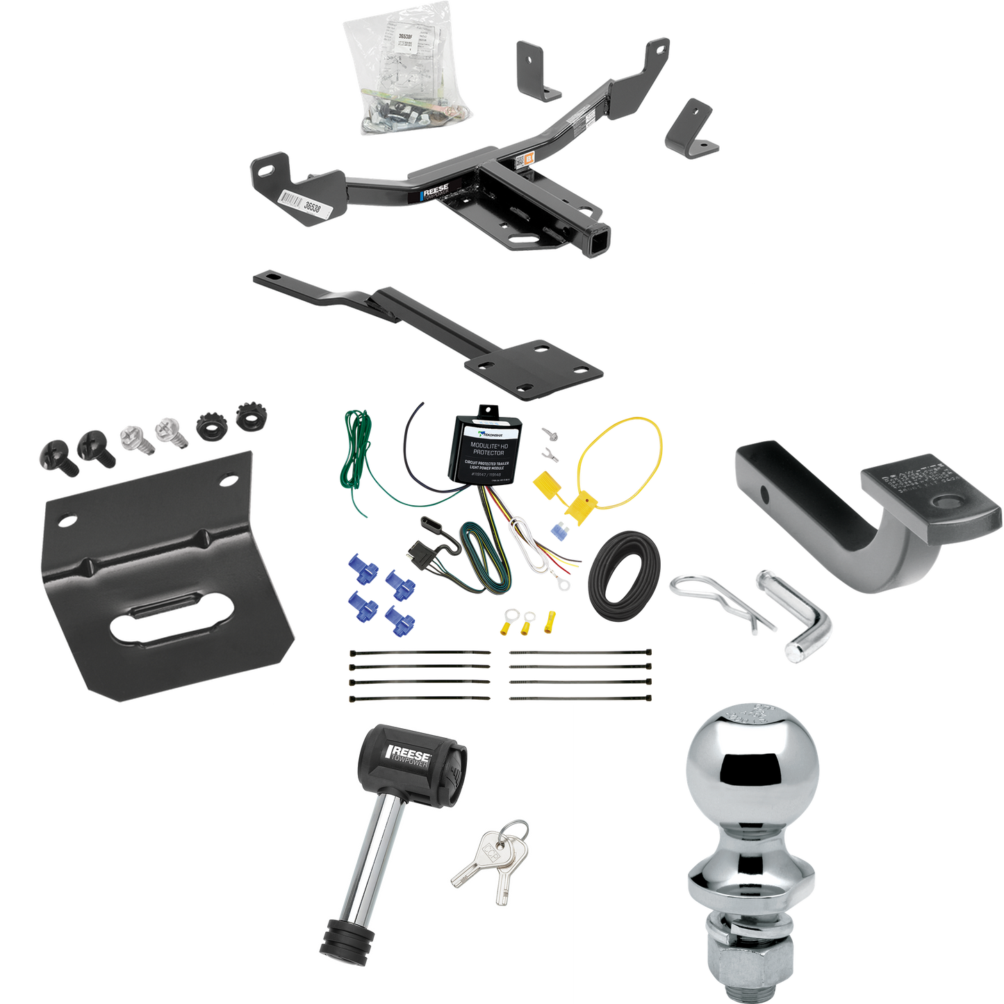 Se adapta al paquete de remolque con enganche para remolque Cadillac XTS 2013-2019 con arnés de cableado de 4 planos + barra de tracción + bola de 1-7/8" + soporte de cableado + bloqueo de enganche de Reese Towpower