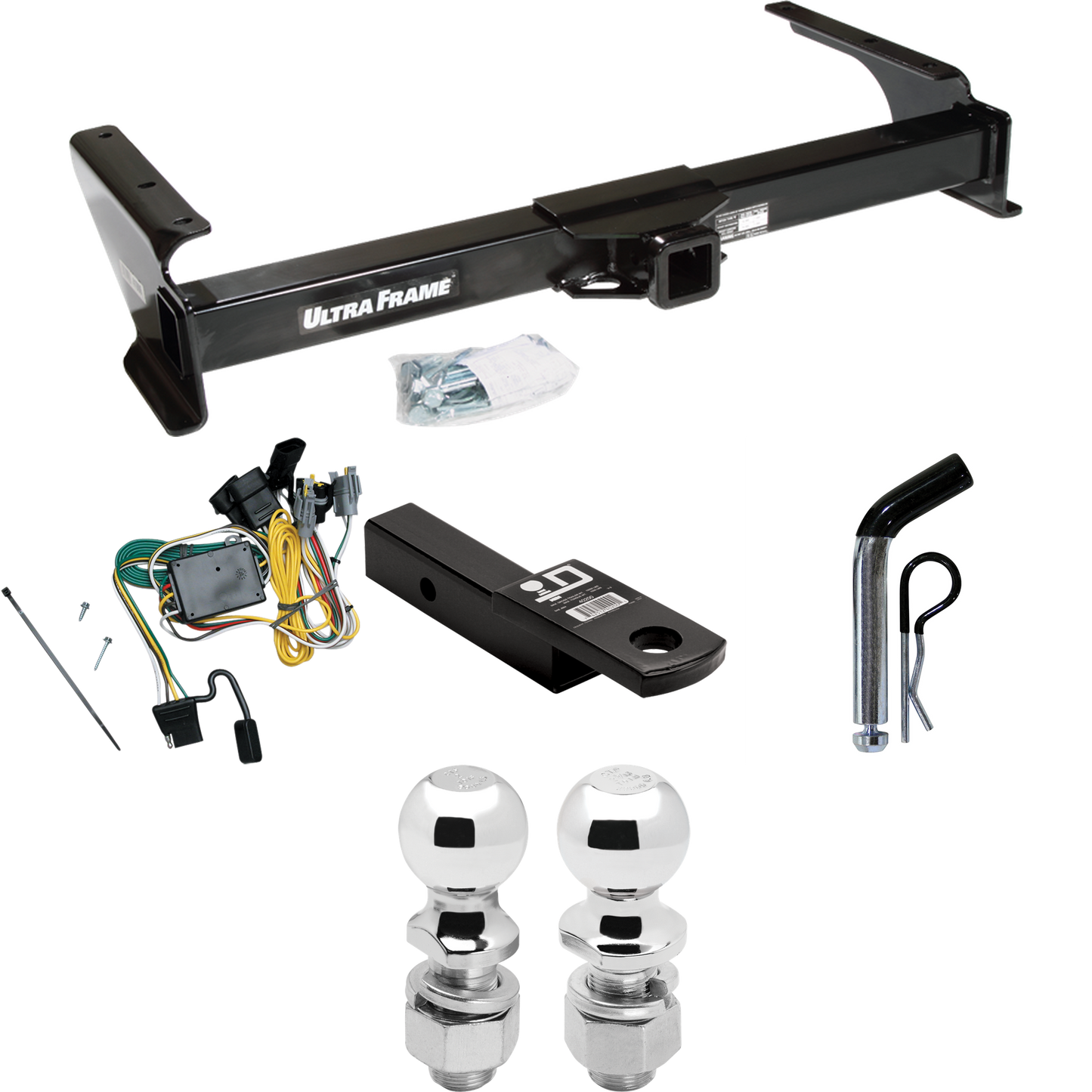 Fits 1992-1994 Ford E-250 Econoline Trailer Hitch Tow PKG w/ 4-Flat Wiring Harness + Ball Mount w/ 2" Drop + Pin/Clip + 2" Ball + 2-5/16" Ball By Draw-Tite