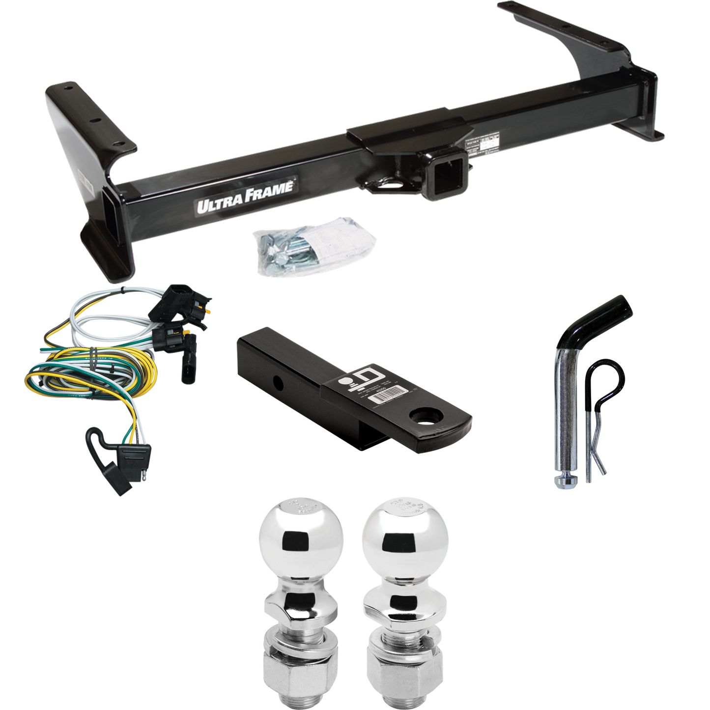 Fits 1995-2002 Ford E-350 Econoline Trailer Hitch Tow PKG w/ 4-Flat Wiring Harness + Ball Mount w/ 2" Drop + Pin/Clip + 2" Ball + 2-5/16" Ball By Draw-Tite