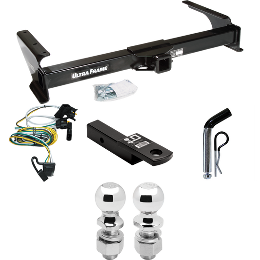 Fits 1995-2002 Ford E-350 Econoline Trailer Hitch Tow PKG w/ 4-Flat Wiring Harness + Ball Mount w/ 2" Drop + Pin/Clip + 2" Ball + 2-5/16" Ball By Draw-Tite