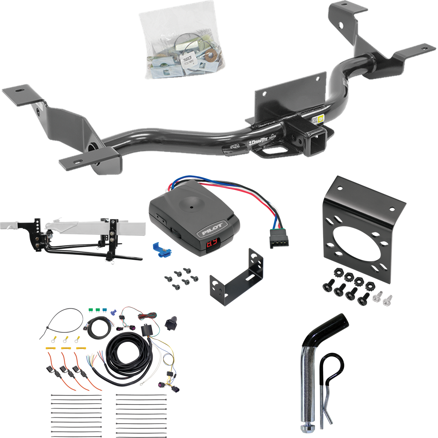 Fits 2014-2023 RAM ProMaster 2500 Trailer Hitch Tow PKG w/ 8K Round Bar Weight Distribution Hitch w/ 2-5/16" Ball + Pin/Clip + Pro Series Pilot Brake Control + 7-Way RV Wiring (Excludes: w/Extended Body Models) By Draw-Tite