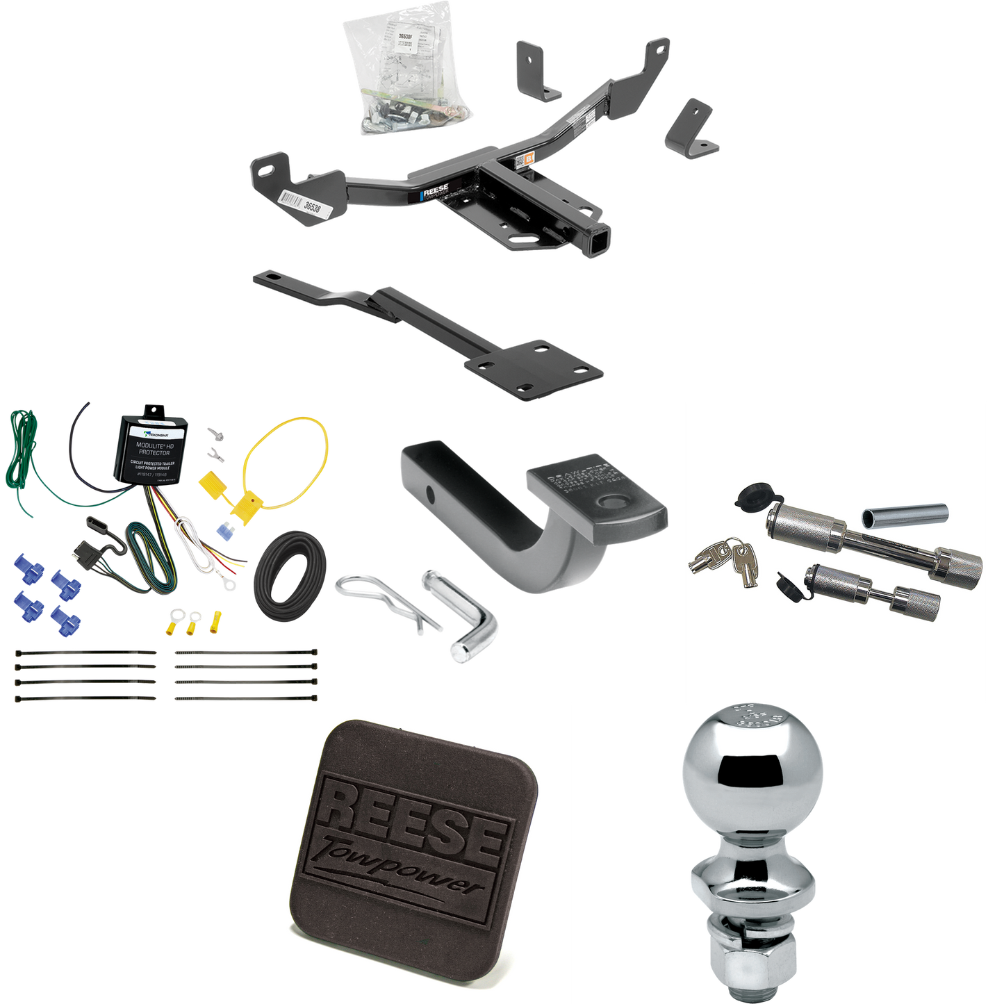 Se adapta al paquete de remolque con enganche para remolque Buick LaCrosse 2010-2016 con arnés de cableado de 4 planos + barra de tracción + bola de 2" + cubierta de enganche + enganche doble y cerraduras de acoplador de Reese Towpower