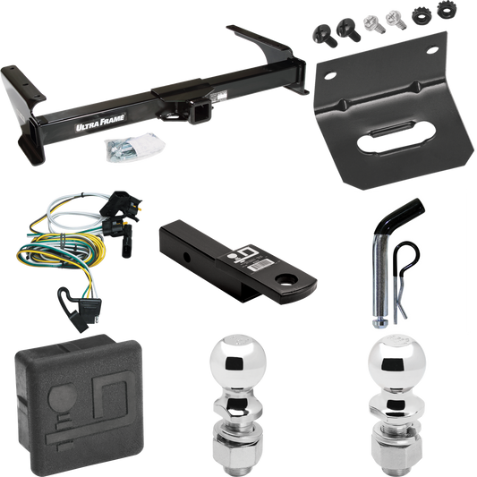 Fits 1995-2002 Ford E-350 Econoline Trailer Hitch Tow PKG w/ 4-Flat Wiring Harness + Ball Mount w/ 2" Drop + Pin/Clip + 2" Ball + 2-5/16" Ball + Hitch Cover + Wiring Bracket By Draw-Tite