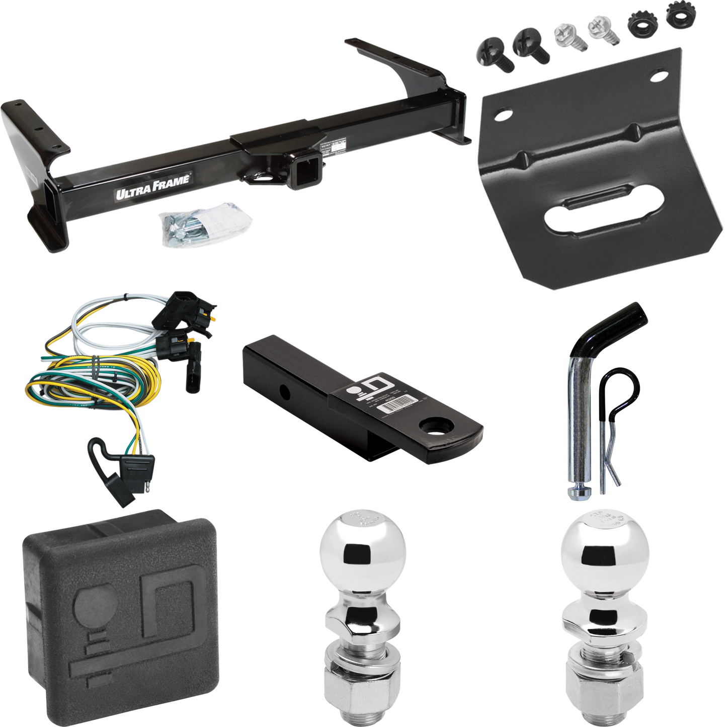 Fits 1995-2002 Ford E-150 Econoline Trailer Hitch Tow PKG w/ 4-Flat Wiring Harness + Ball Mount w/ 2" Drop + Pin/Clip + 2" Ball + 2-5/16" Ball + Hitch Cover + Wiring Bracket By Draw-Tite