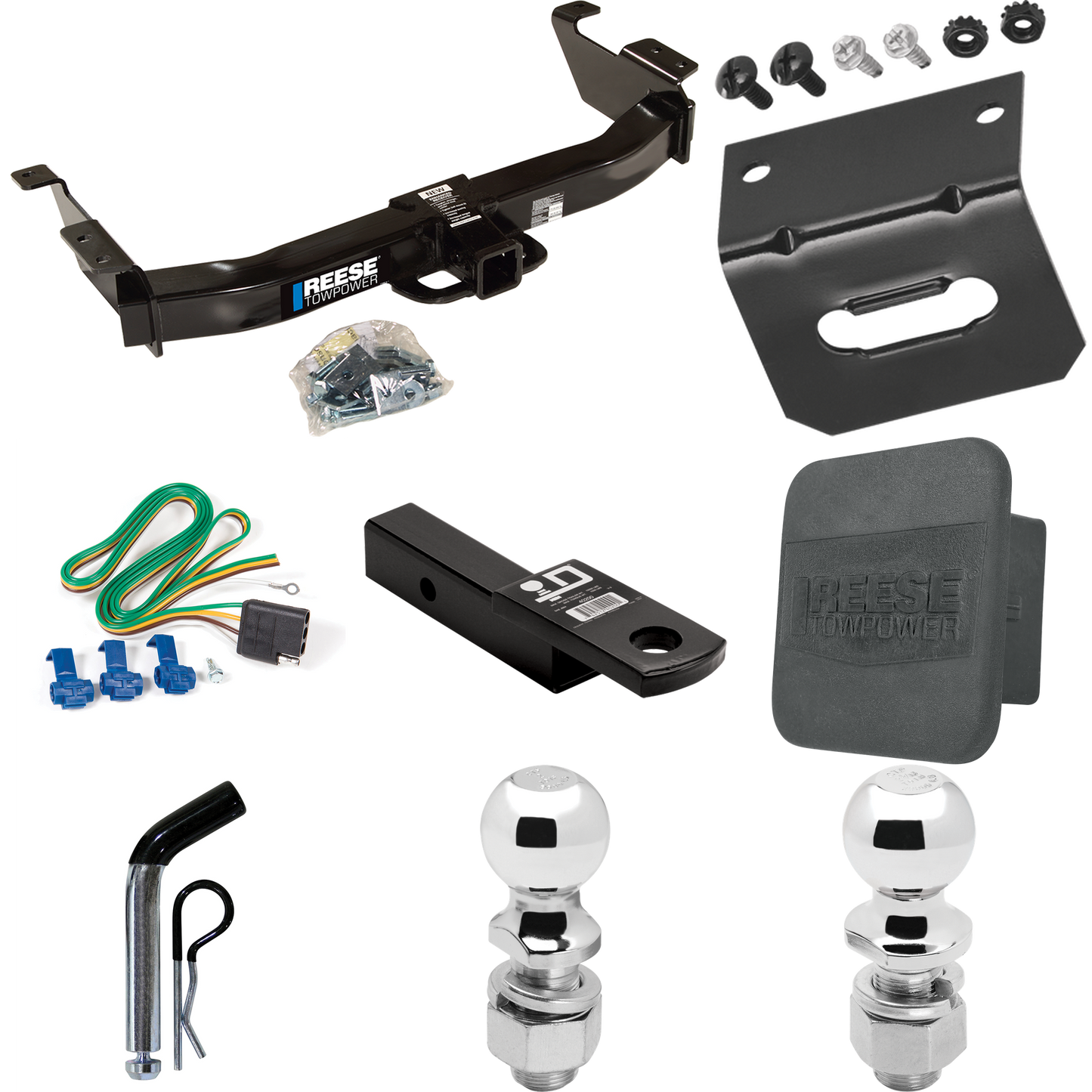 Fits 2003-2007 Ford E-350 Econoline Super Duty Trailer Hitch Tow PKG w/ 4-Flat Wiring Harness + Ball Mount w/ 2" Drop + Pin/Clip + 2" Ball + 2-5/16" Ball + Hitch Cover + Wiring Bracket By Reese Towpower