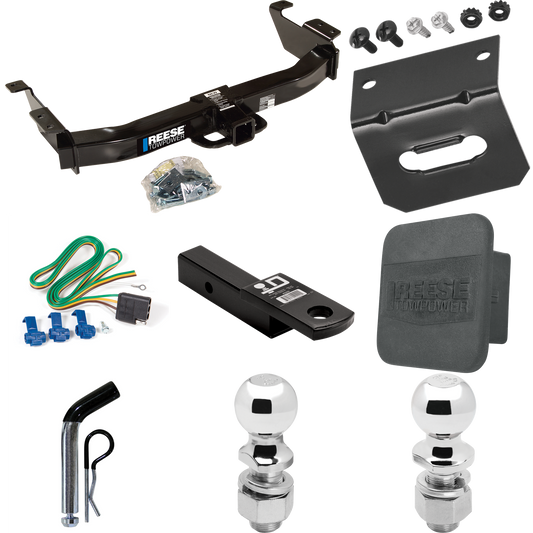 Fits 2003-2007 Ford E-350 Econoline Super Duty Trailer Hitch Tow PKG w/ 4-Flat Wiring Harness + Ball Mount w/ 2" Drop + Pin/Clip + 2" Ball + 2-5/16" Ball + Hitch Cover + Wiring Bracket By Reese Towpower