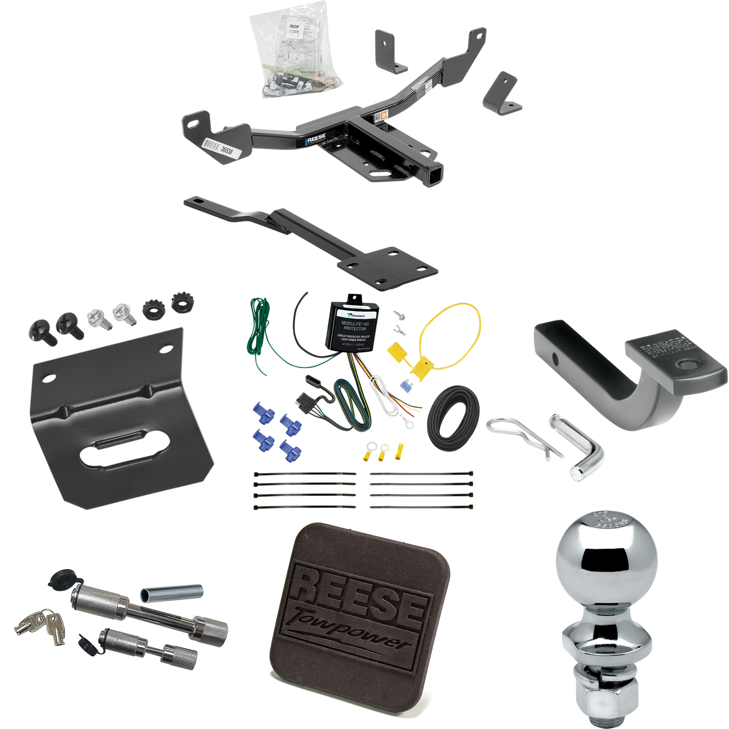 Se adapta al paquete de remolque con enganche para remolque Cadillac XTS 2013-2019 con arnés de cableado de 4 planos + barra de tracción + bola de 2" + soporte de cableado + cubierta de enganche + enganche doble y cerraduras de acoplador de Reese Towpower